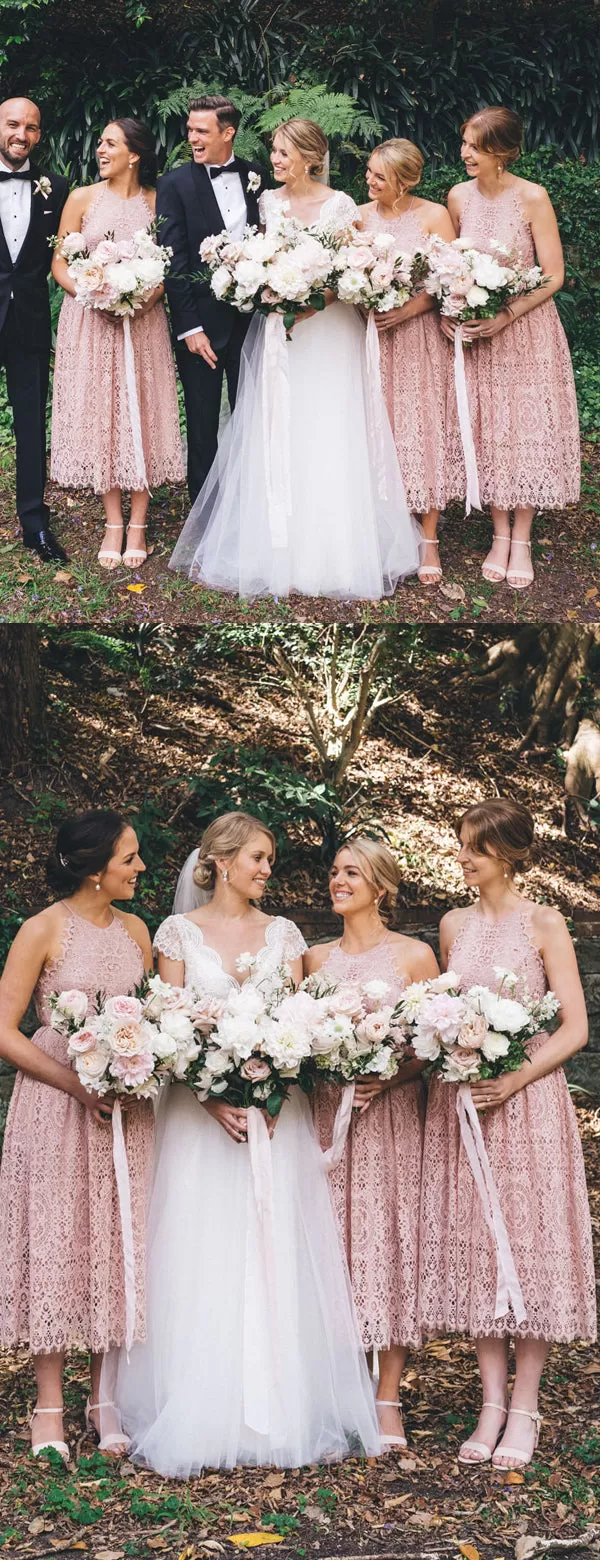 Dusty Pink Lace Sleeveless Tea Length Bridesmaid Dresses,DB128