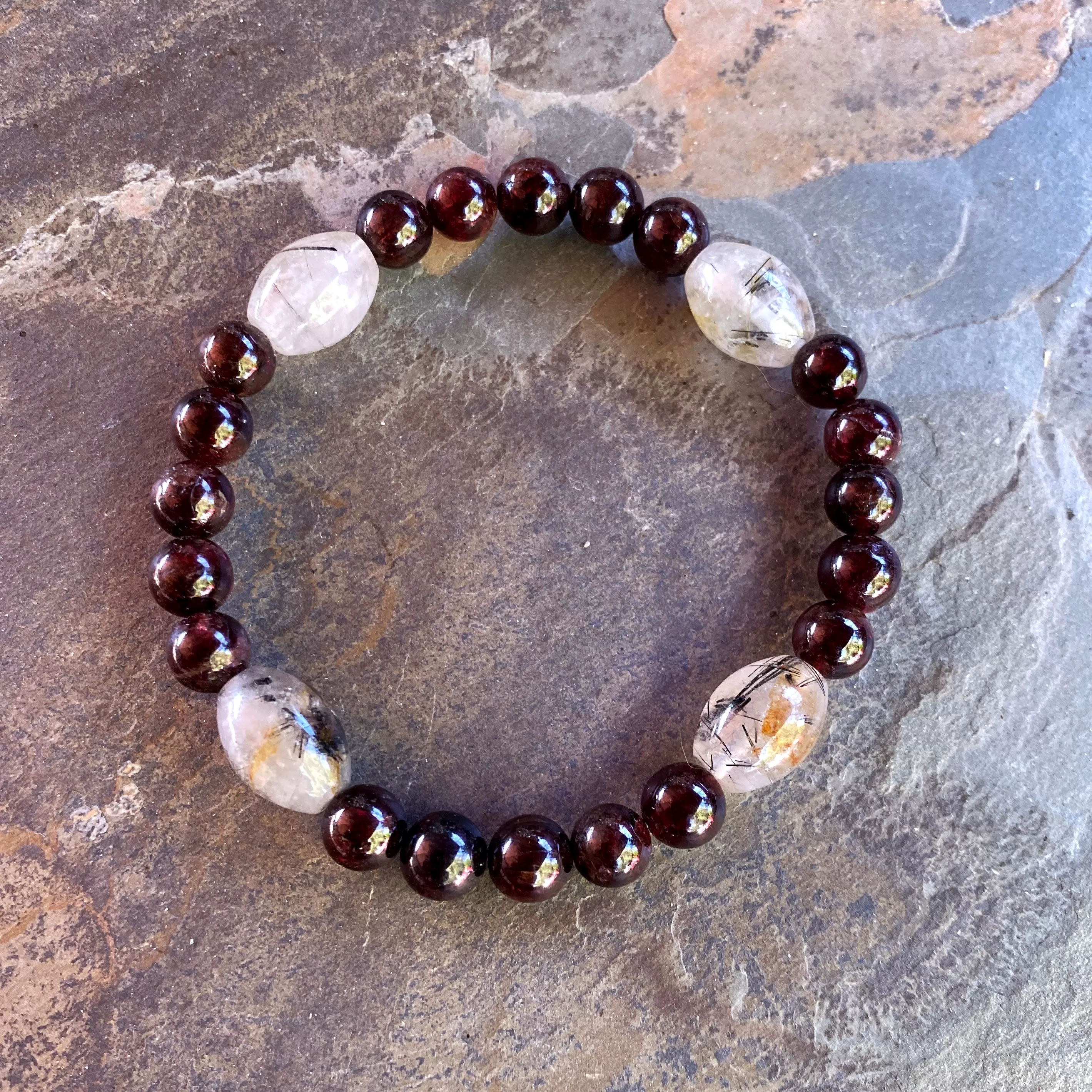 Garnet and Rutilated Quartz gemstone stretch bracelet