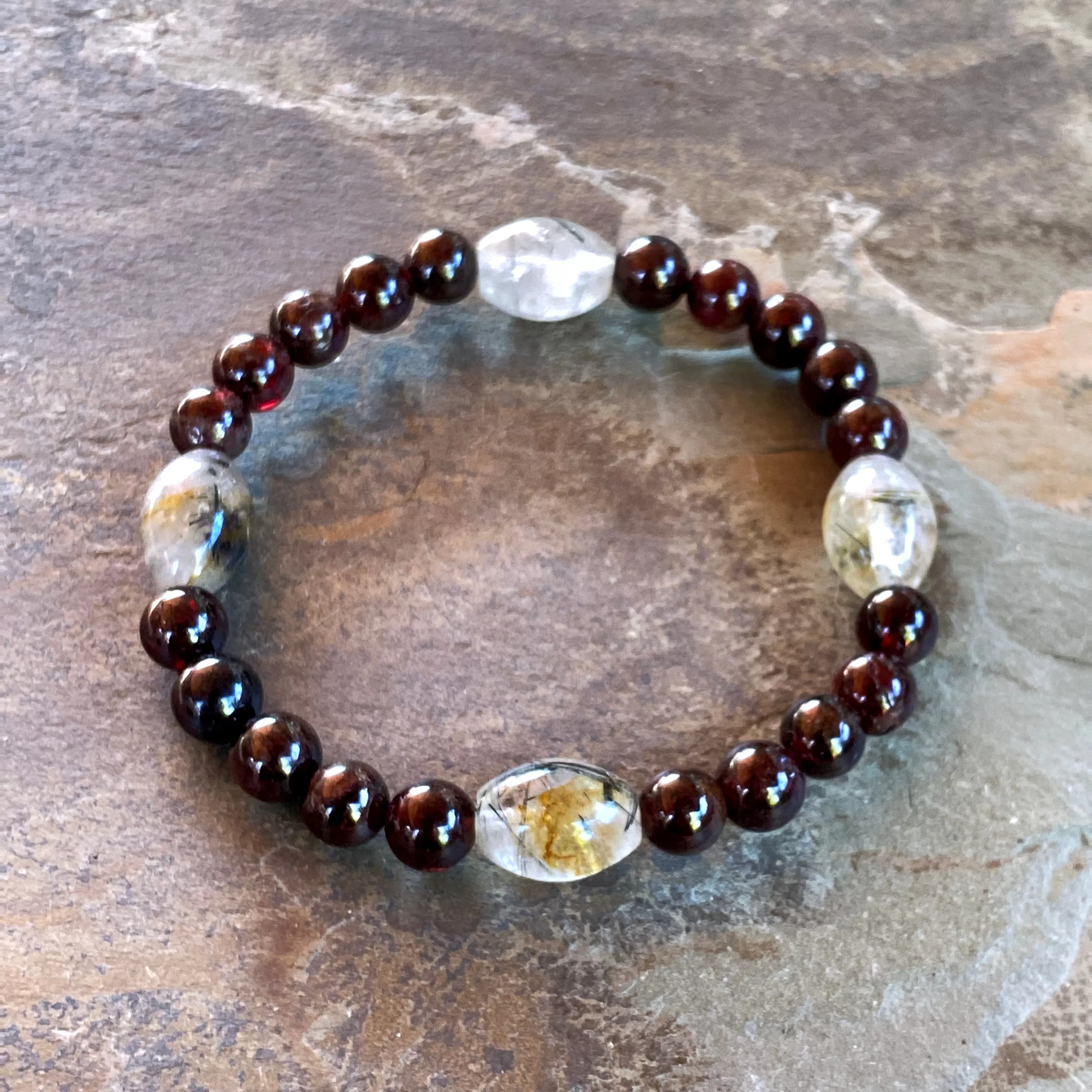 Garnet and Rutilated Quartz gemstone stretch bracelet