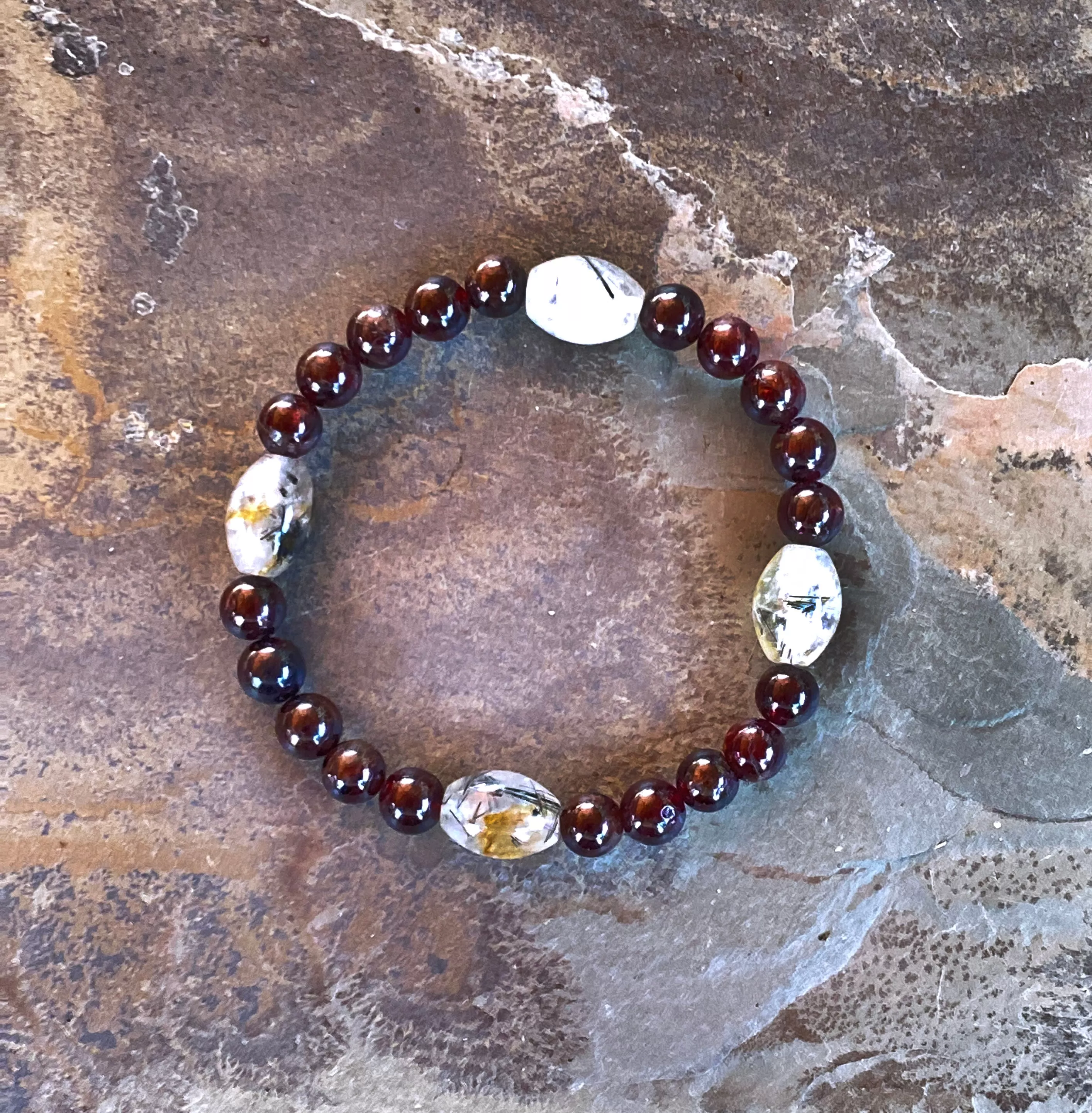 Garnet and Rutilated Quartz gemstone stretch bracelet