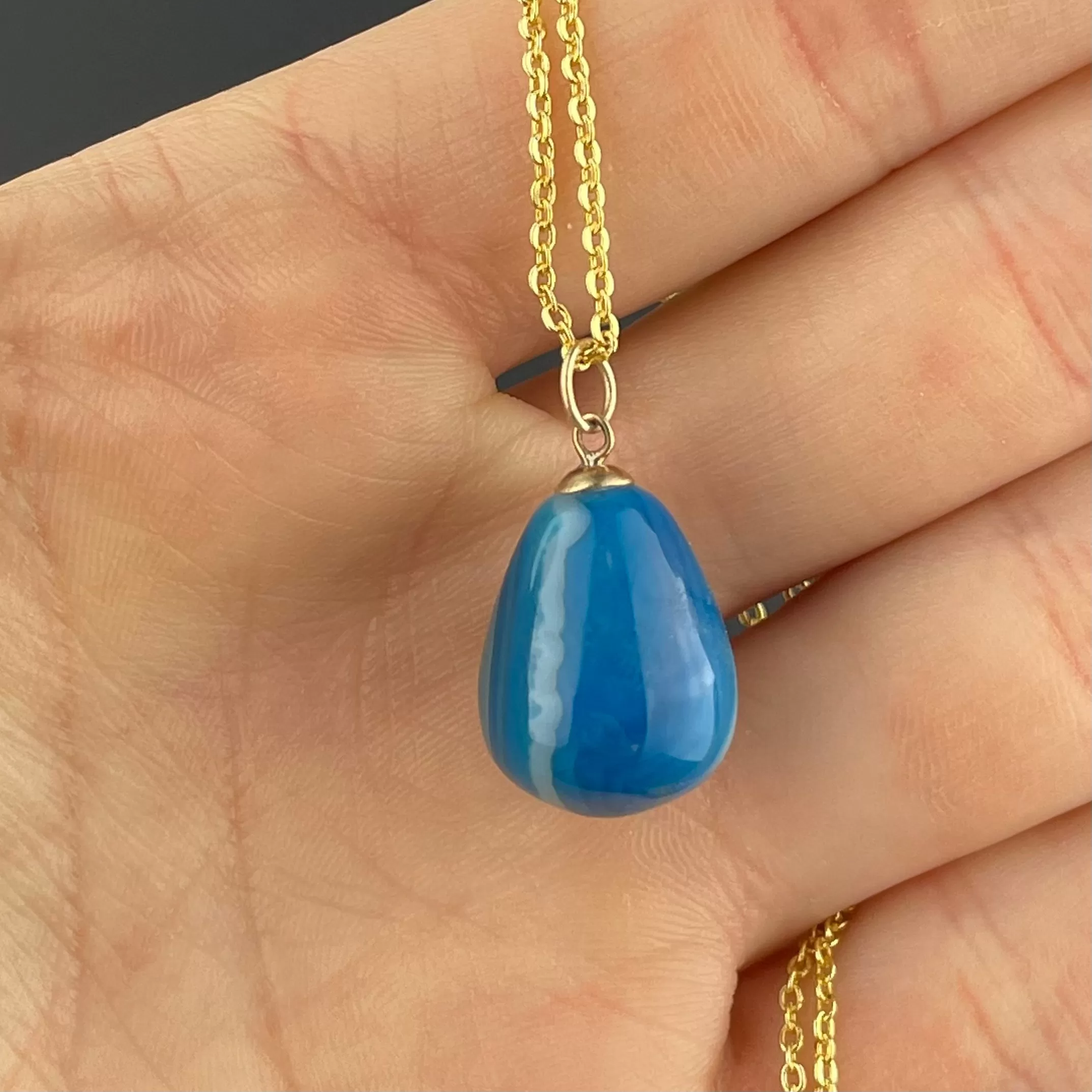 Gold Blue Agate Egg Pendant Necklace