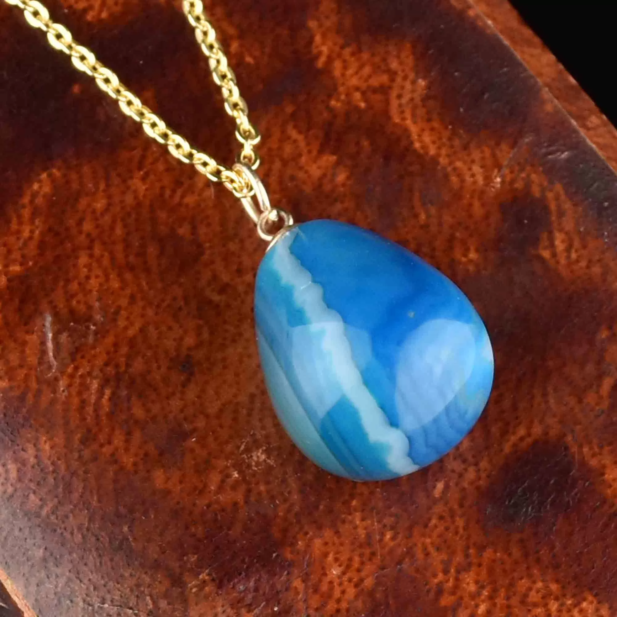 Gold Blue Agate Egg Pendant Necklace