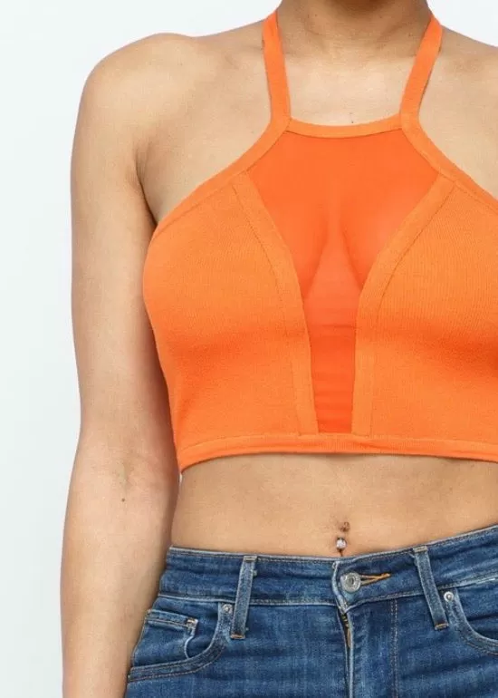 Hera Collection Halter Neck Mesh Center Crop Top (Orange) 22453