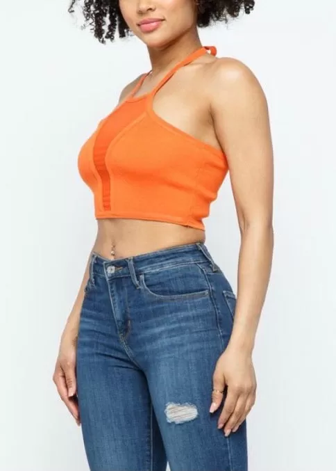 Hera Collection Halter Neck Mesh Center Crop Top (Orange) 22453