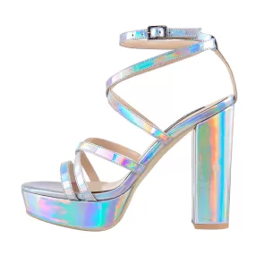 Holographic Open Toe Platform Cross Ankle Strap Chunky Square Heels Sandals