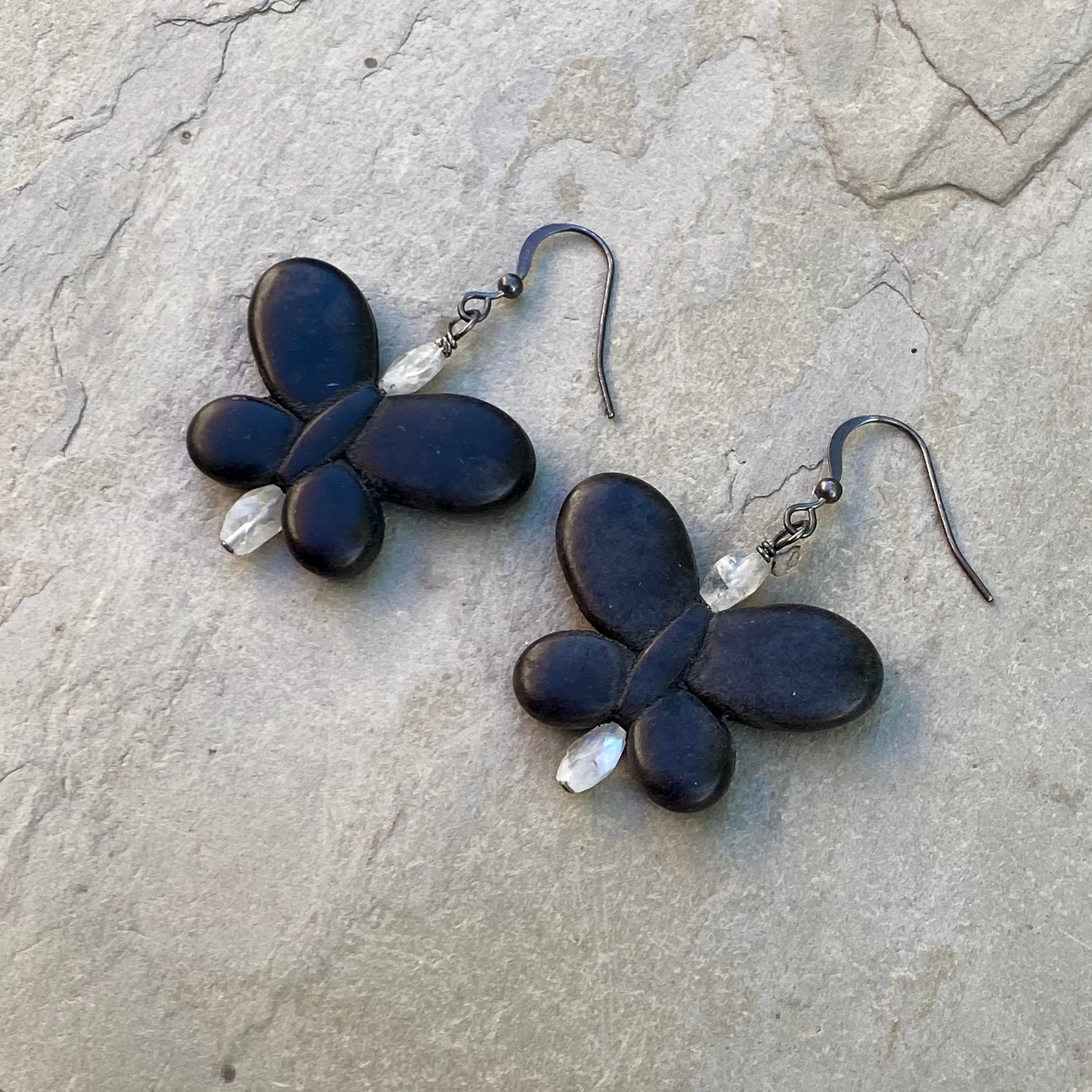 Howlite Butterflies, Blue Flashy Moonstones, Oxidized Sterling Silver Earrings