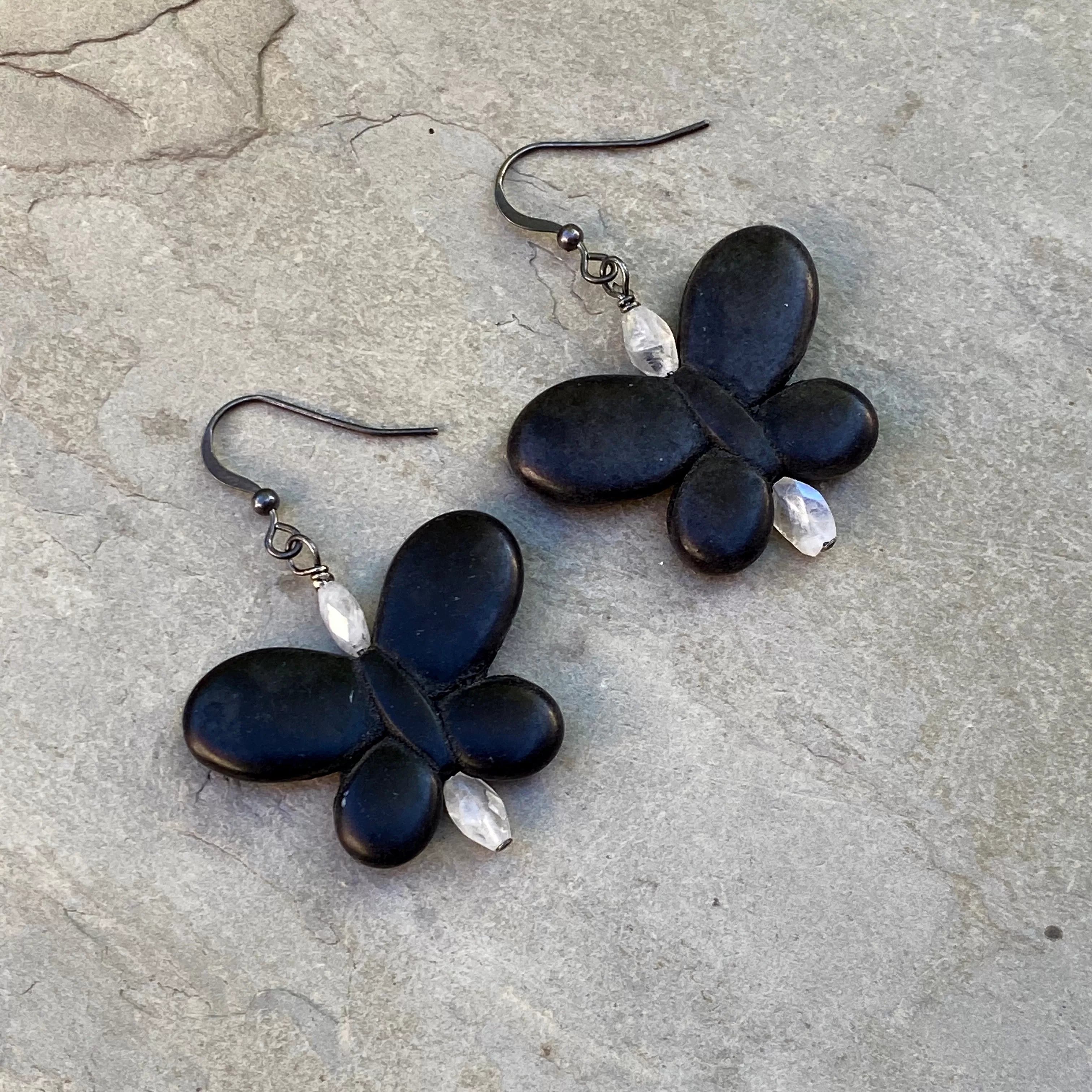 Howlite Butterflies, Blue Flashy Moonstones, Oxidized Sterling Silver Earrings