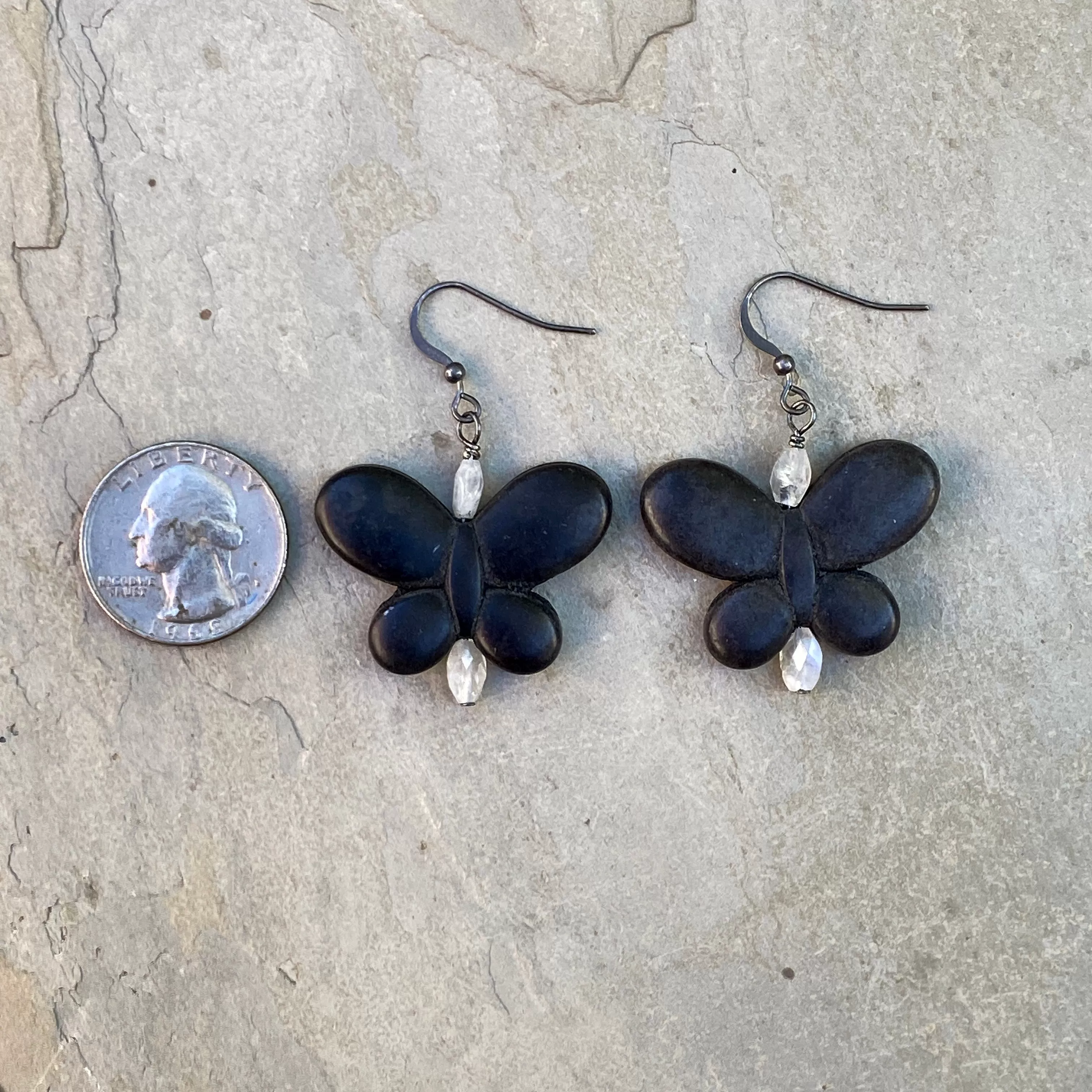 Howlite Butterflies, Blue Flashy Moonstones, Oxidized Sterling Silver Earrings