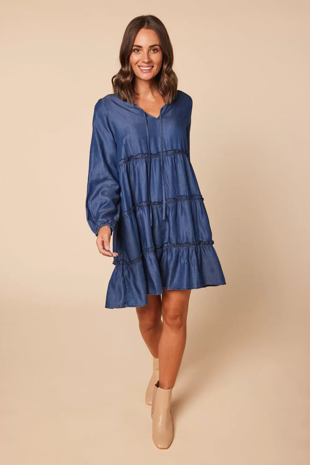 Ingrid Tiered Tencel Dress in Mid Wash