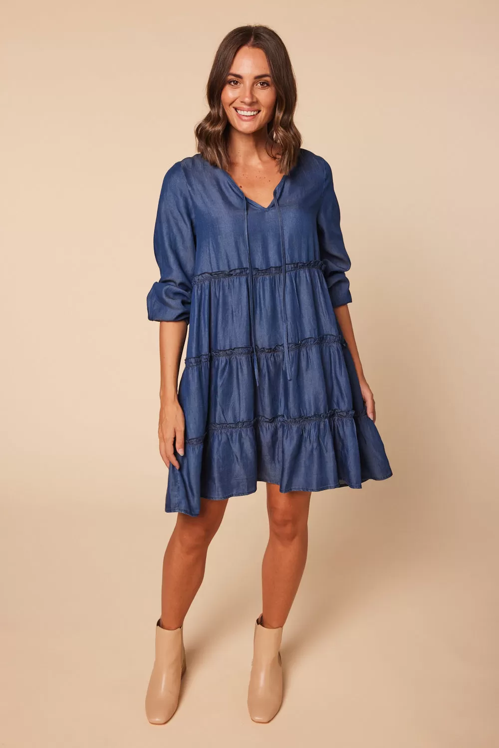 Ingrid Tiered Tencel Dress in Mid Wash