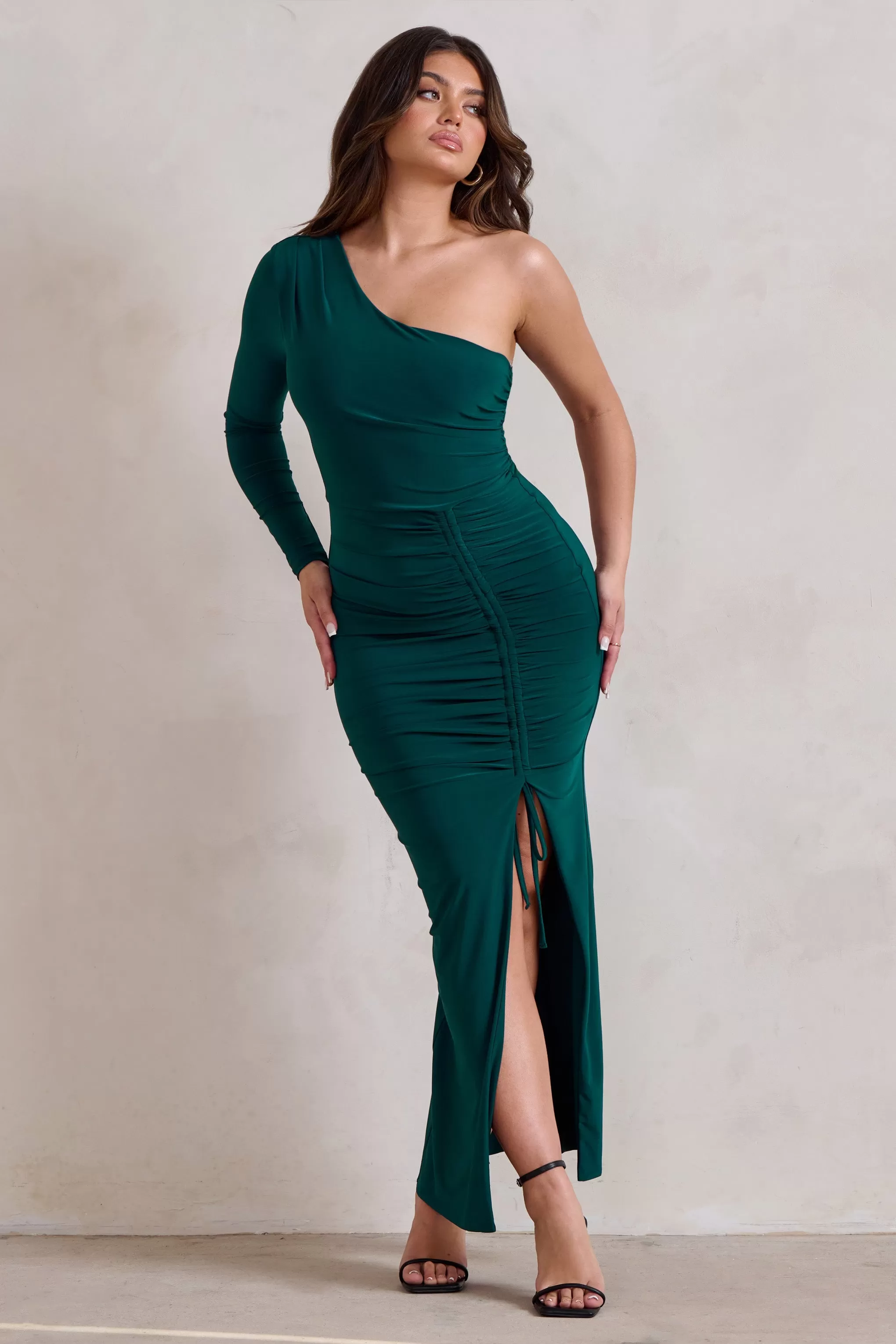 Mystical | Bottle Green One Shoulder Maxi Dress With Side Split