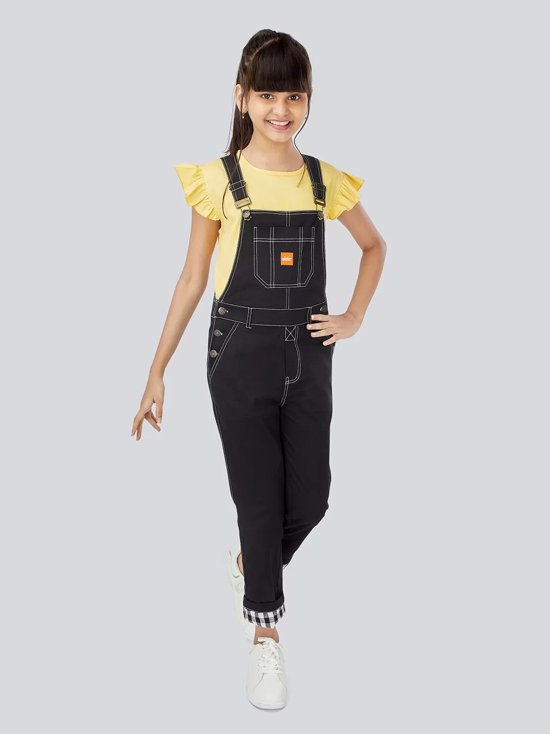 Naughty Dungaree® Full Length Cotton Twill Dungaree for Girls with Contrast Hemfold - Zed Black