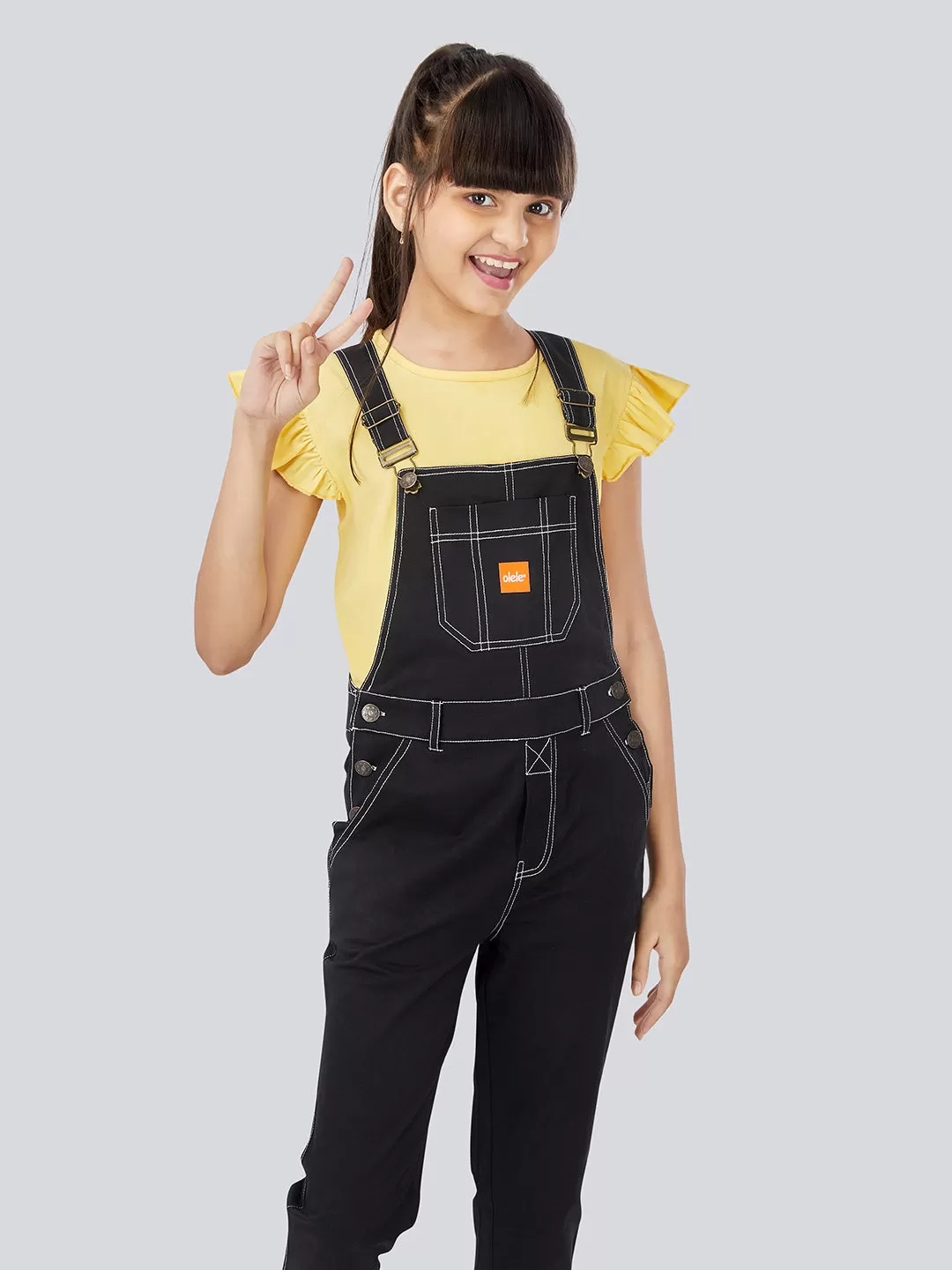 Naughty Dungaree® Full Length Cotton Twill Dungaree for Girls with Contrast Hemfold - Zed Black