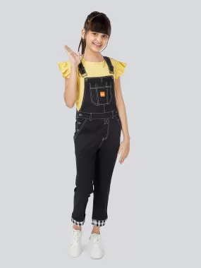 Naughty Dungaree® Full Length Cotton Twill Dungaree for Girls with Contrast Hemfold - Zed Black