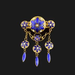 ON HOLD Blue Enamel Floral Art Nouveau Brooch