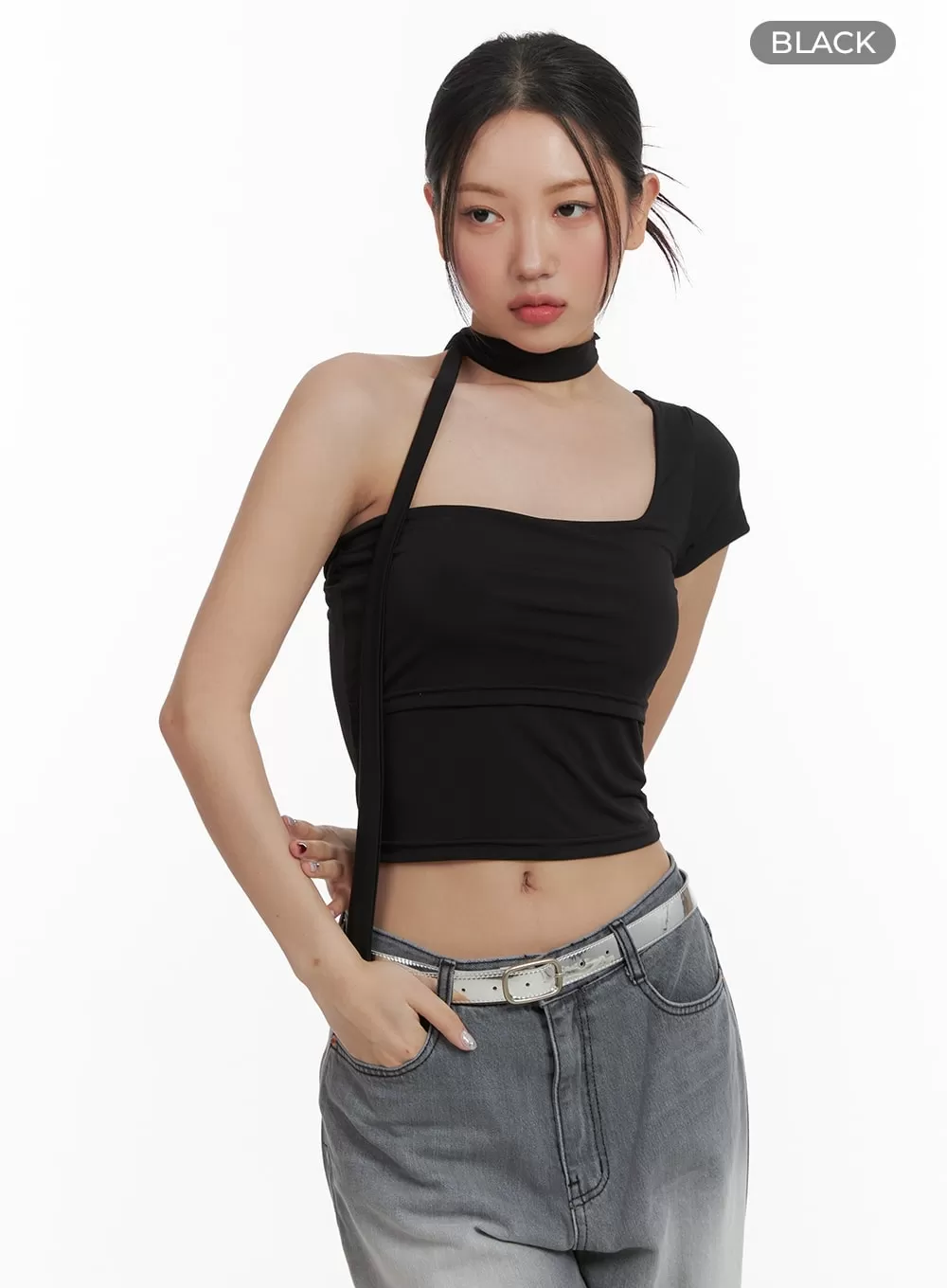 One Shoulder Crop Tee with Thin Scarf CA416