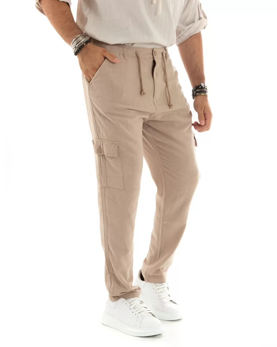 Pantaloni Uomo Lungo Cargo Tasconi Lino Pantalaccio Beige Basic GIOSAL-P5838A