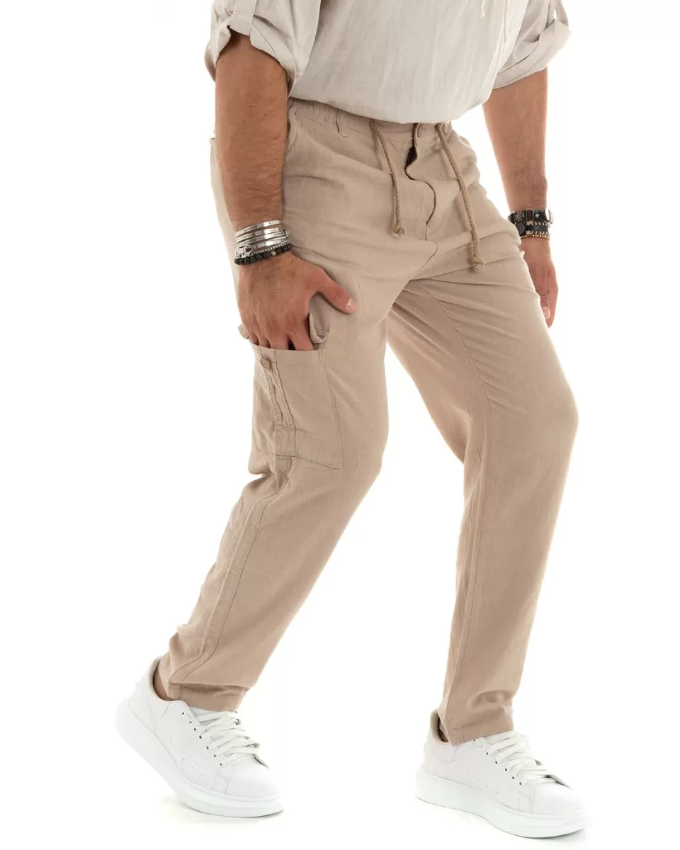 Pantaloni Uomo Lungo Cargo Tasconi Lino Pantalaccio Beige Basic GIOSAL-P5838A