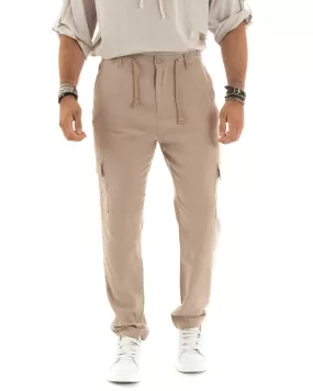 Pantaloni Uomo Lungo Cargo Tasconi Lino Pantalaccio Beige Basic GIOSAL-P5838A