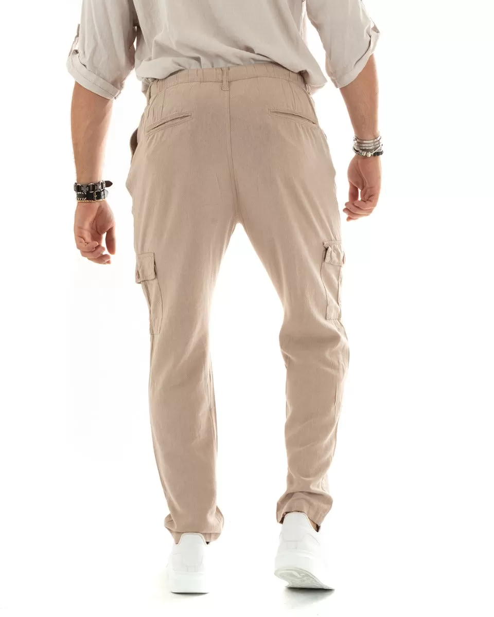 Pantaloni Uomo Lungo Cargo Tasconi Lino Pantalaccio Beige Basic GIOSAL-P5838A