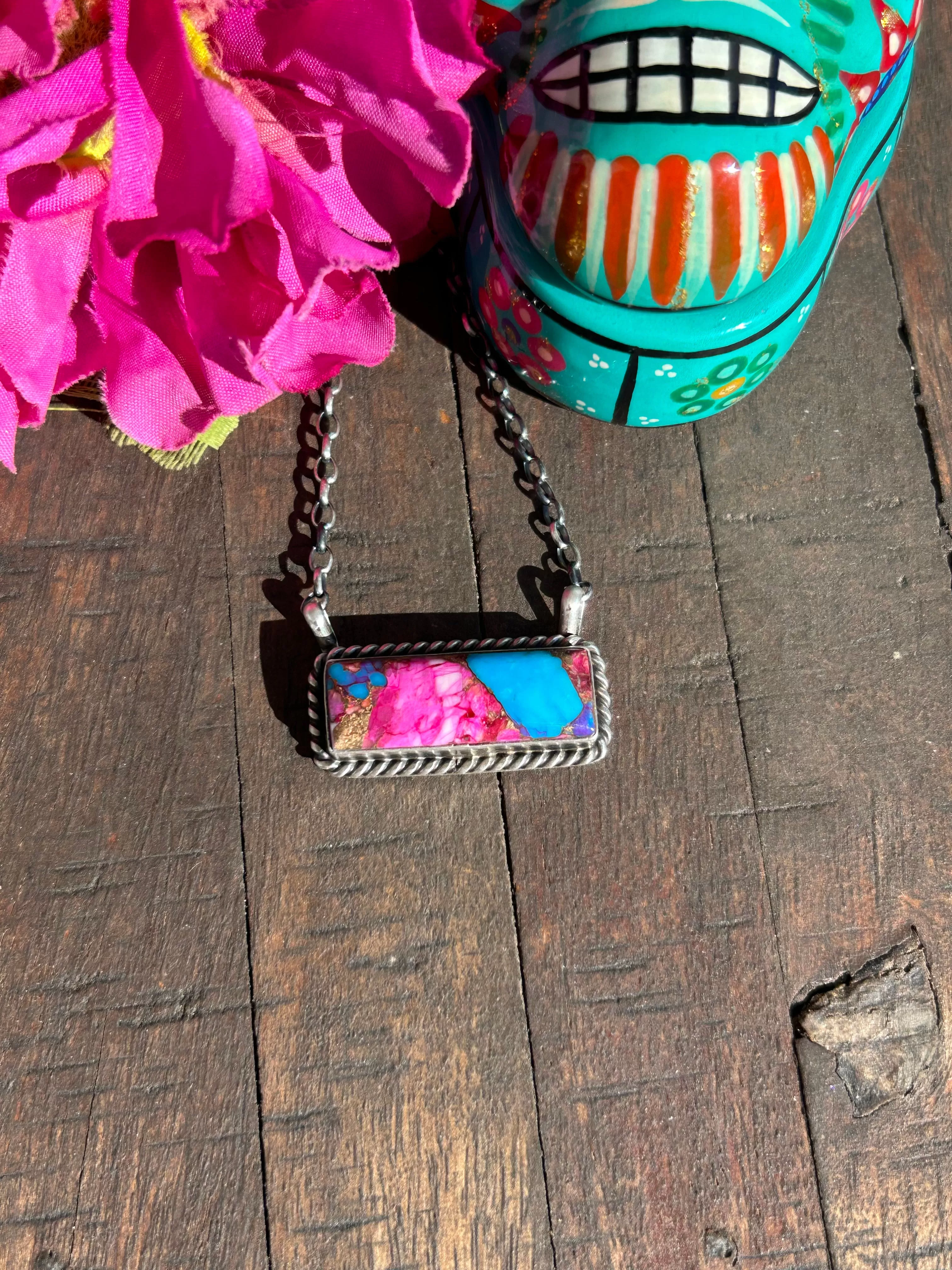 Pink Dahlia Kingman Bar Necklace #2