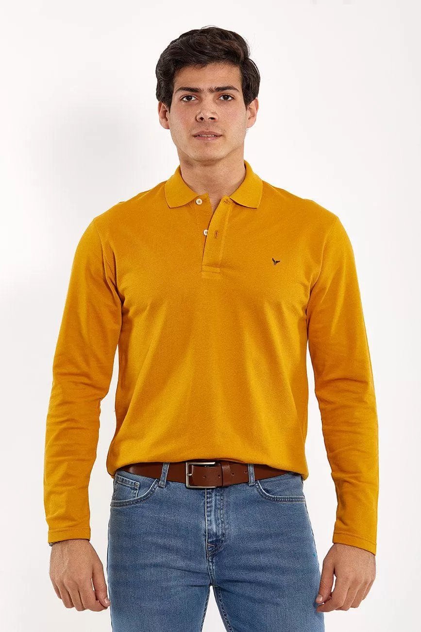 Plain Long-Sleeve Polo Shirt - MUSTARD