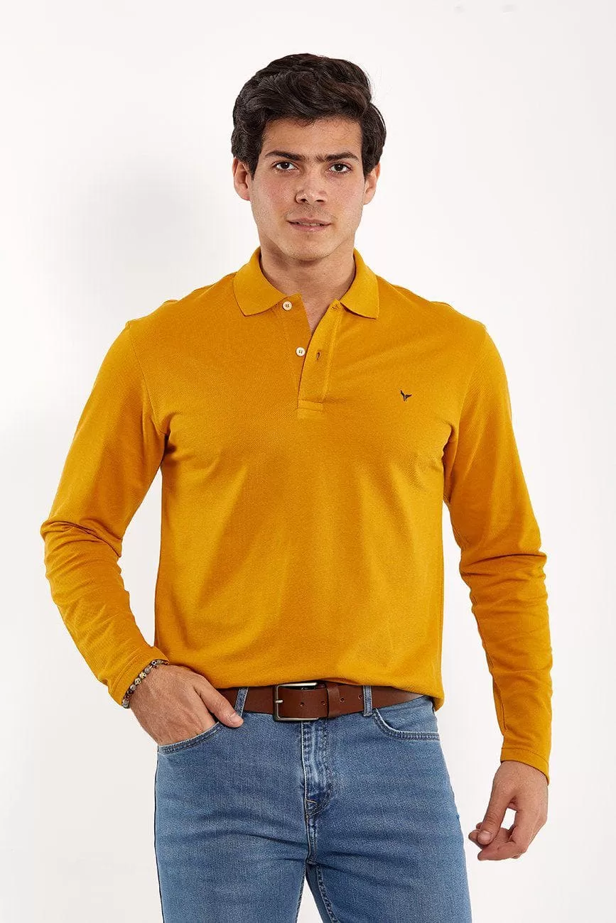 Plain Long-Sleeve Polo Shirt - MUSTARD