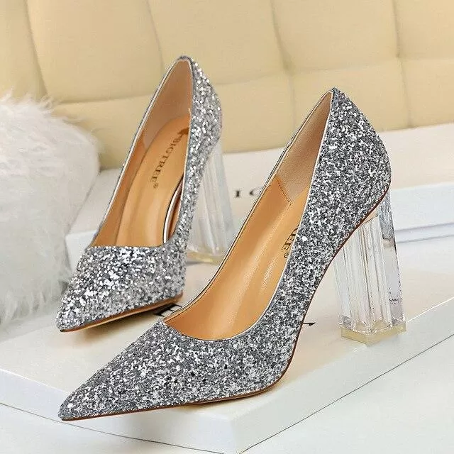 Pointed Toe Pumps Transparent Crystal High Heels Glitter