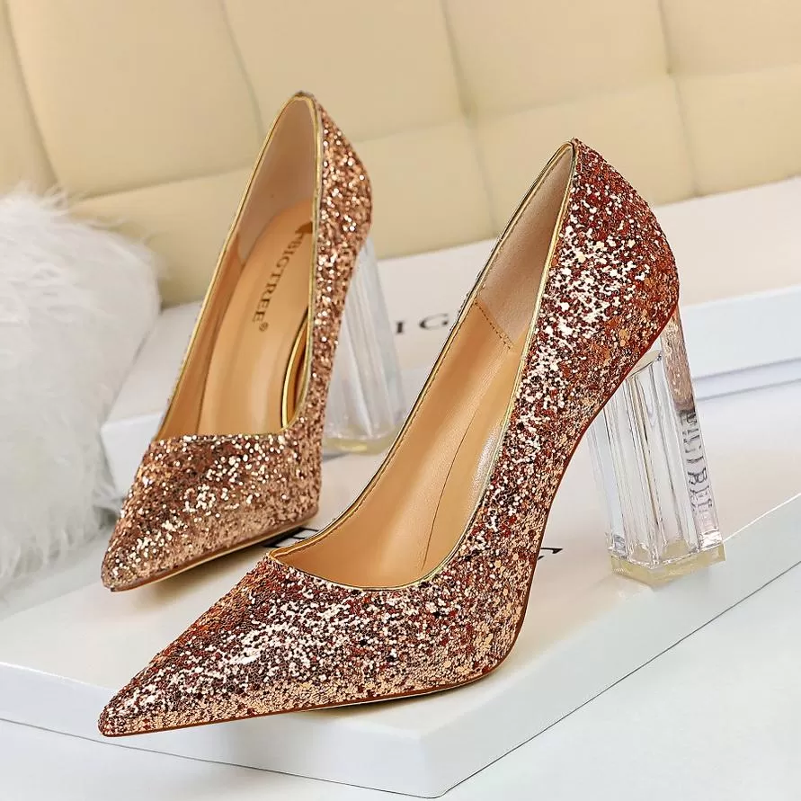 Pointed Toe Pumps Transparent Crystal High Heels Glitter