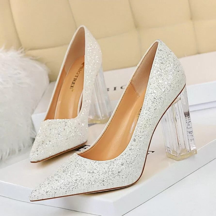 Pointed Toe Pumps Transparent Crystal High Heels Glitter