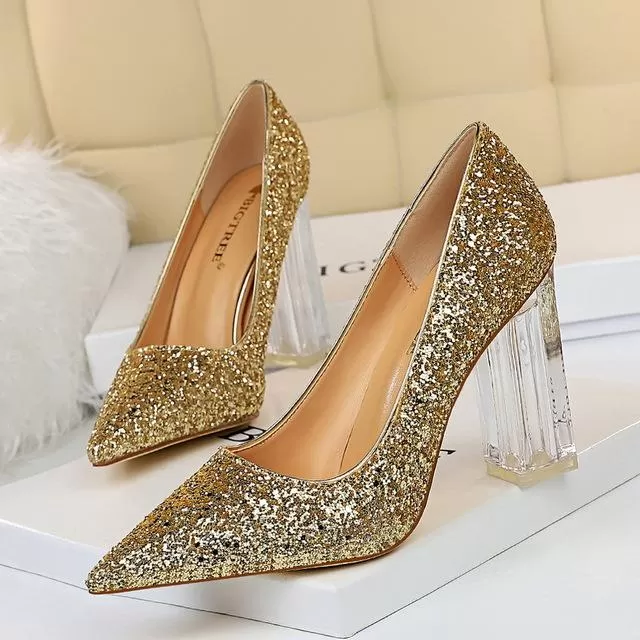 Pointed Toe Pumps Transparent Crystal High Heels Glitter