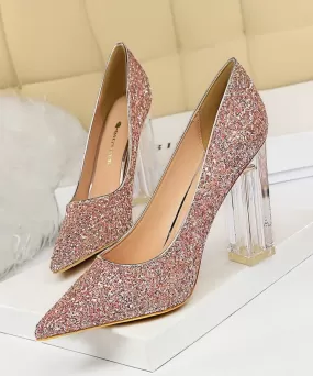 Pointed Toe Pumps Transparent Crystal High Heels Glitter