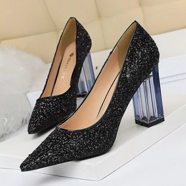 Pointed Toe Pumps Transparent Crystal High Heels Glitter