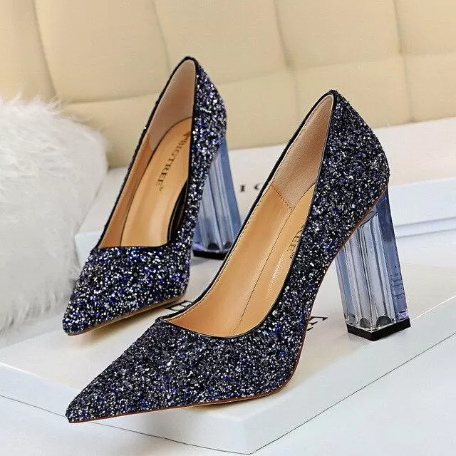 Pointed Toe Pumps Transparent Crystal High Heels Glitter