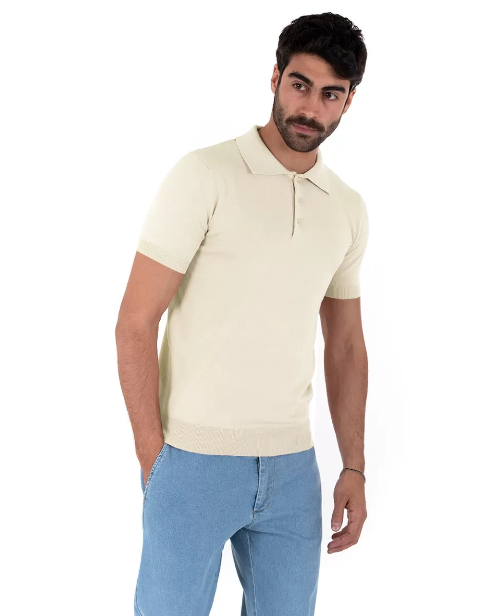 Polo Filo Uomo T-Shirt Manica Corta Con Colletto Bottoni Tinta Unita Panna Casual GIOSAL-TS2778A