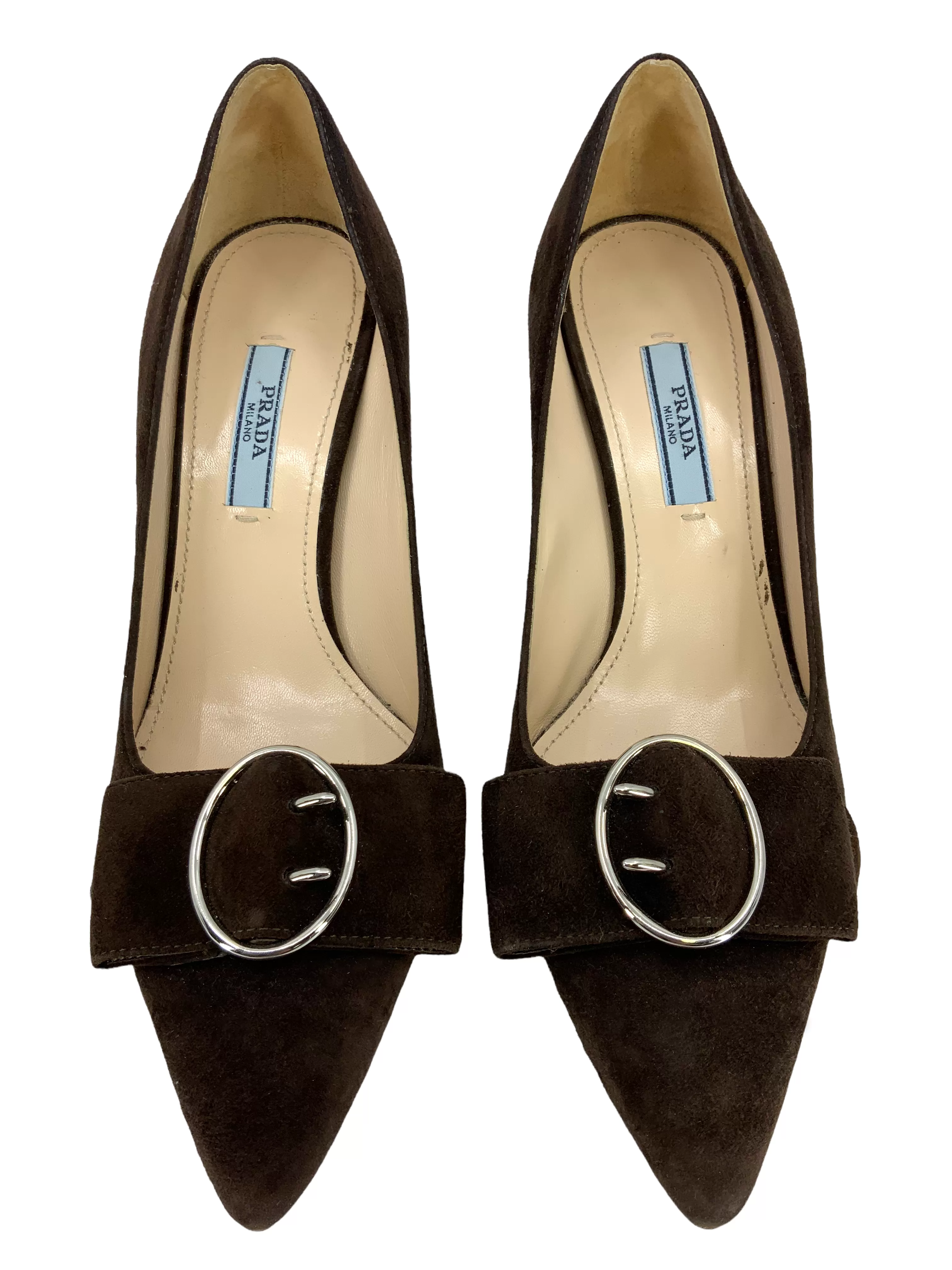 Prada Suede Buckle Pointed-Toe Pumps Size 6.5