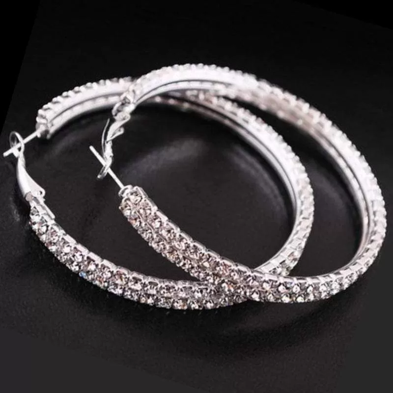 Rhinestone Luxury Bling Silver & White Rhinestone Hoop Earrings