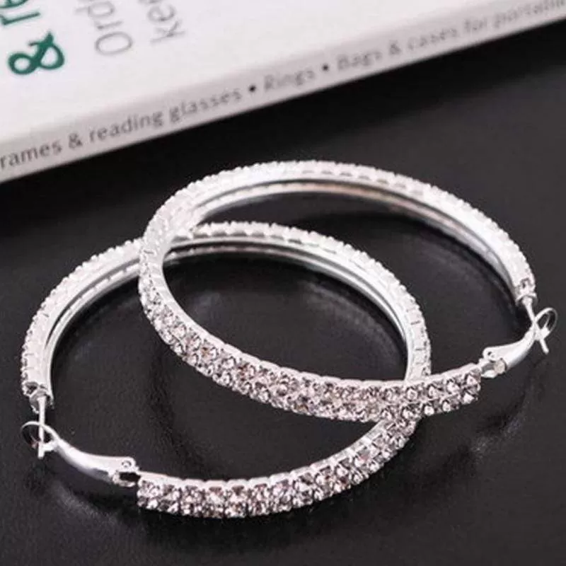 Rhinestone Luxury Bling Silver & White Rhinestone Hoop Earrings