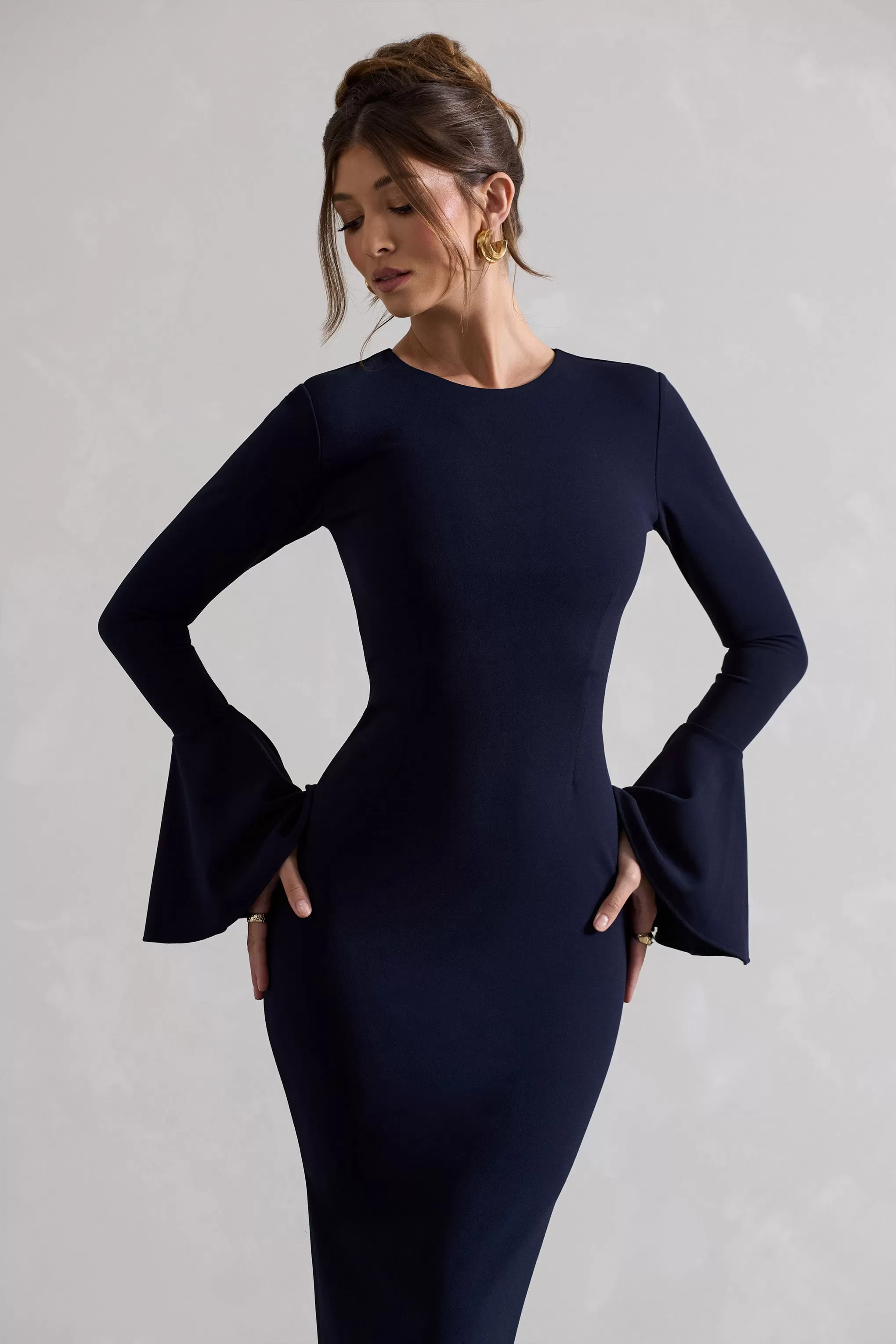 Rhyanne | Navy Bodycon Flared-Sleeve Midi Dress