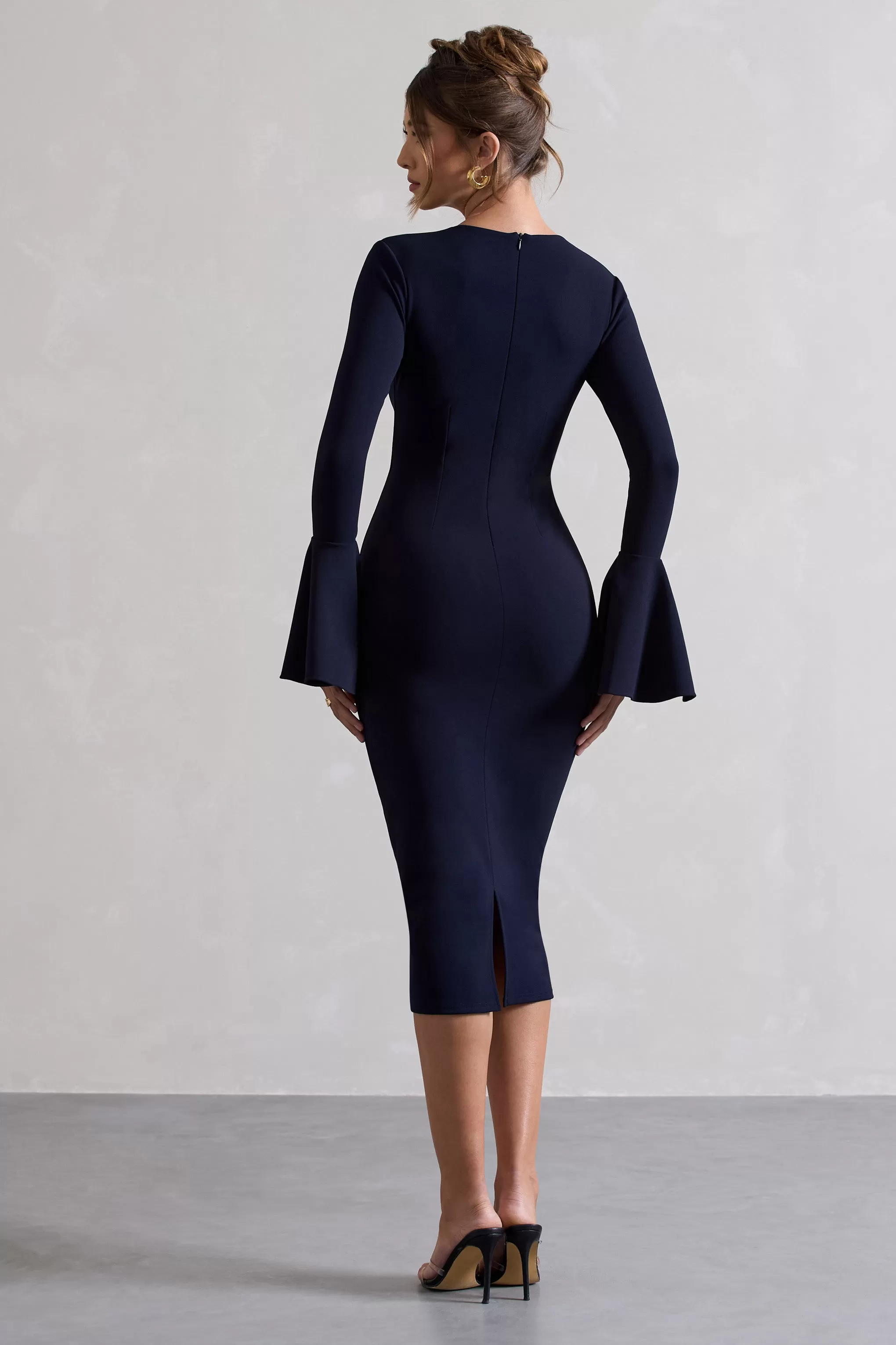 Rhyanne | Navy Bodycon Flared-Sleeve Midi Dress