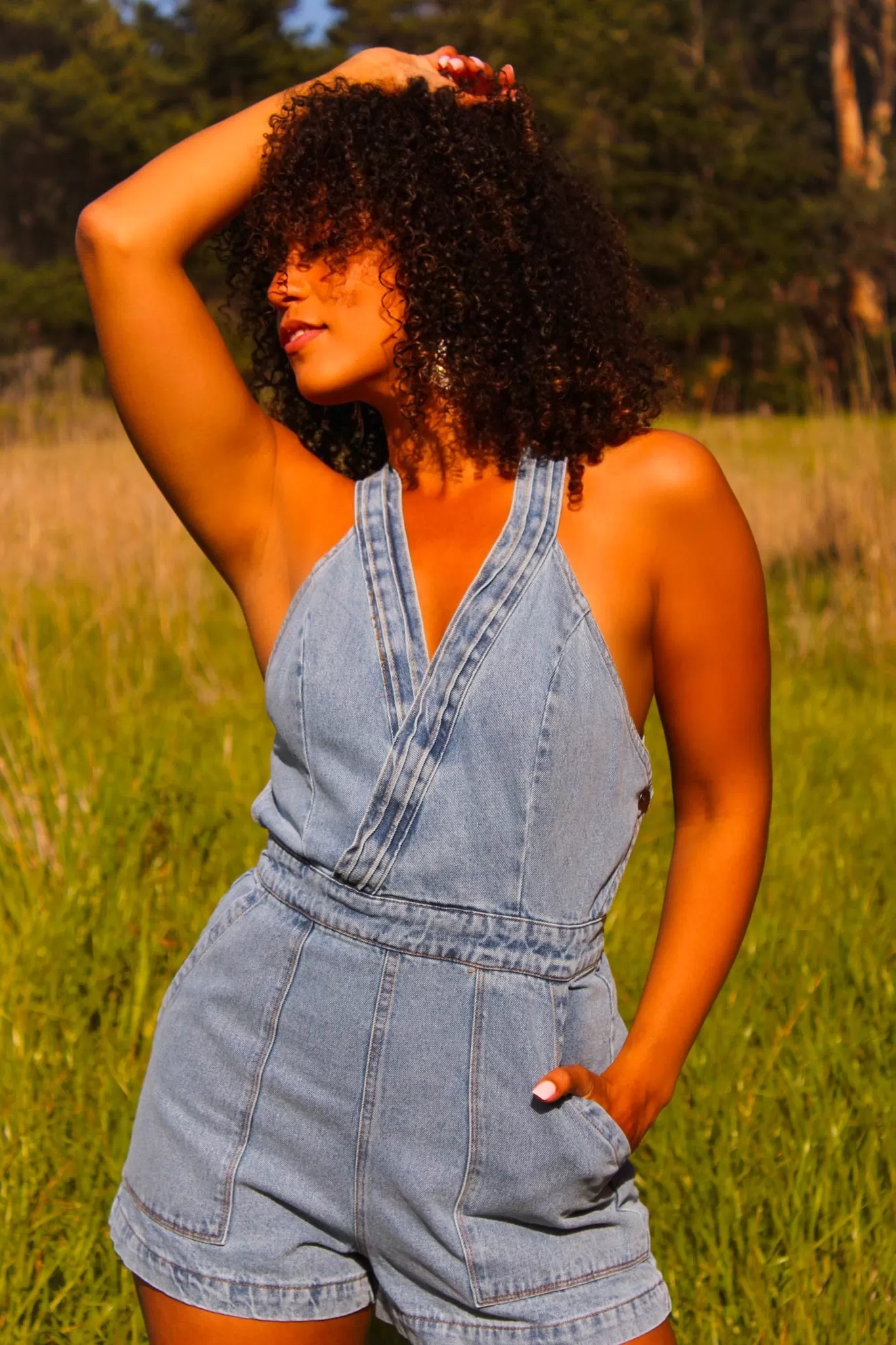 Run in the Sun Halter Neck Denim Romper - Medium Wash