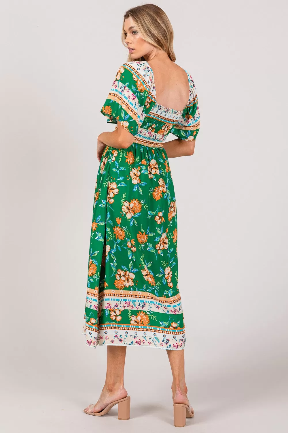 SAGE   FIG Printed Smocked Short Sleeve Midi Dress