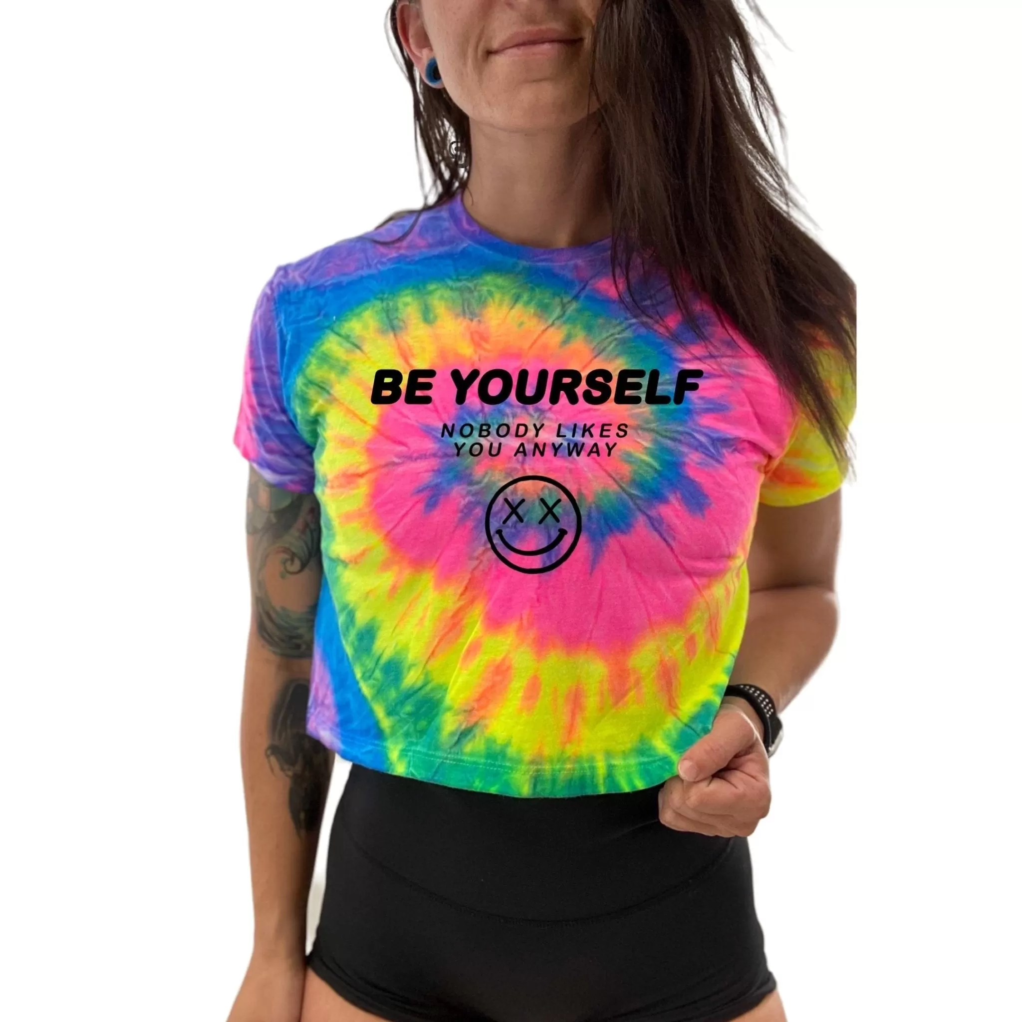 Salty Savage Ladies "Be Yourself, Nobody Likes You Anyway" Spiral Tie Dye Crop Tee