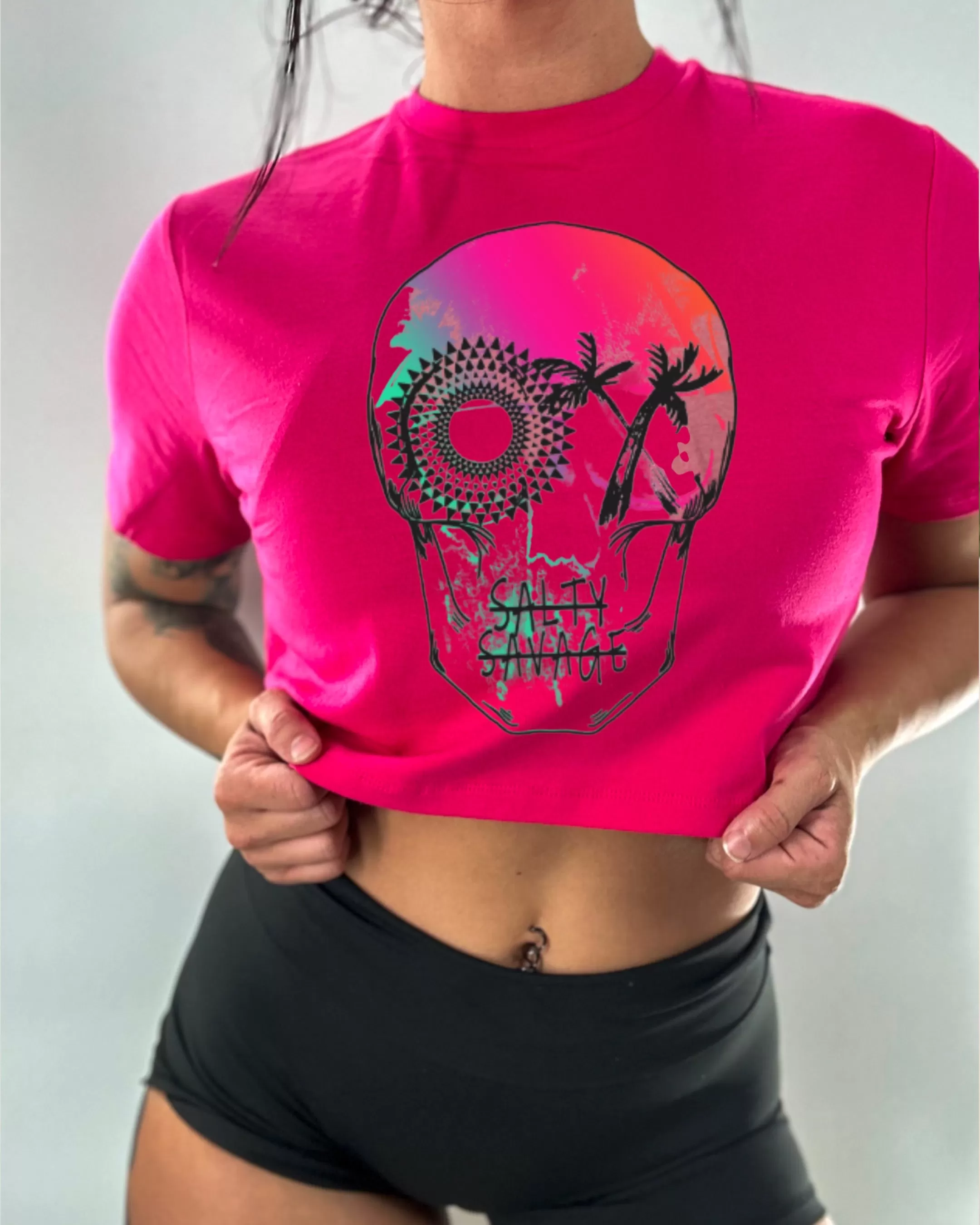 Salty Savage Ladies "Dead N’ Gone" Beach Skull Performance Crop Tee