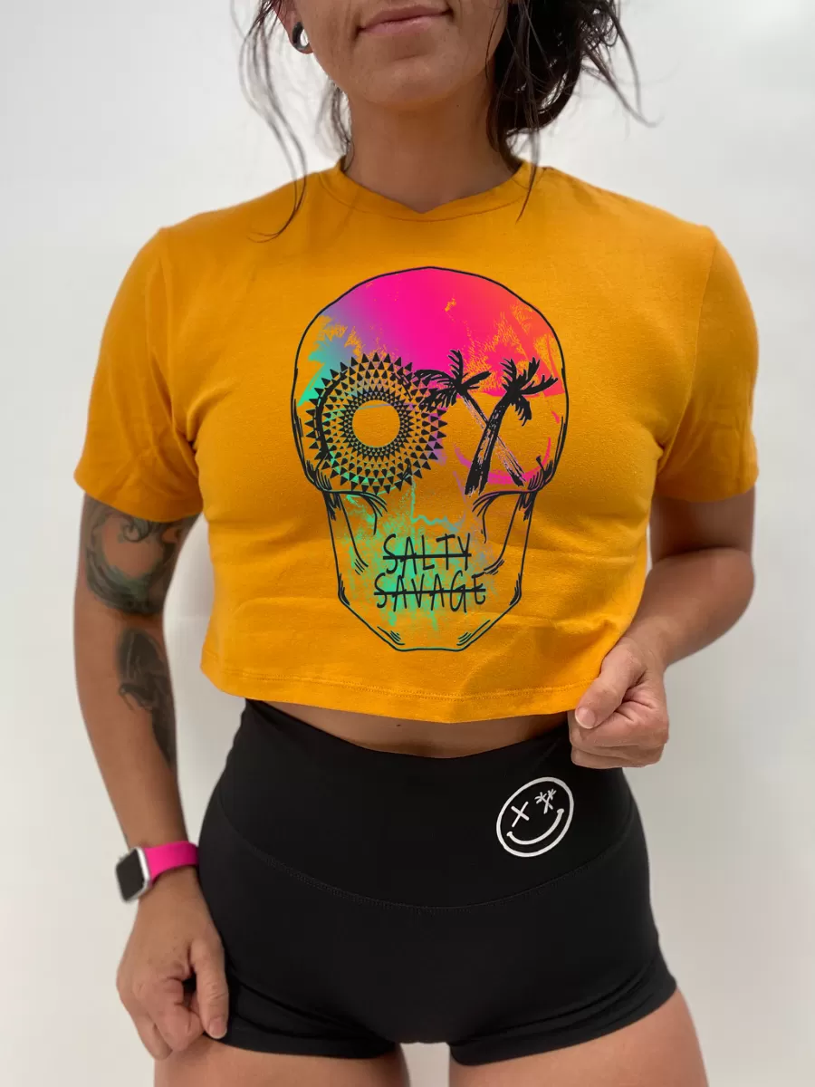 Salty Savage Ladies "Dead N’ Gone" Beach Skull Performance Crop Tee