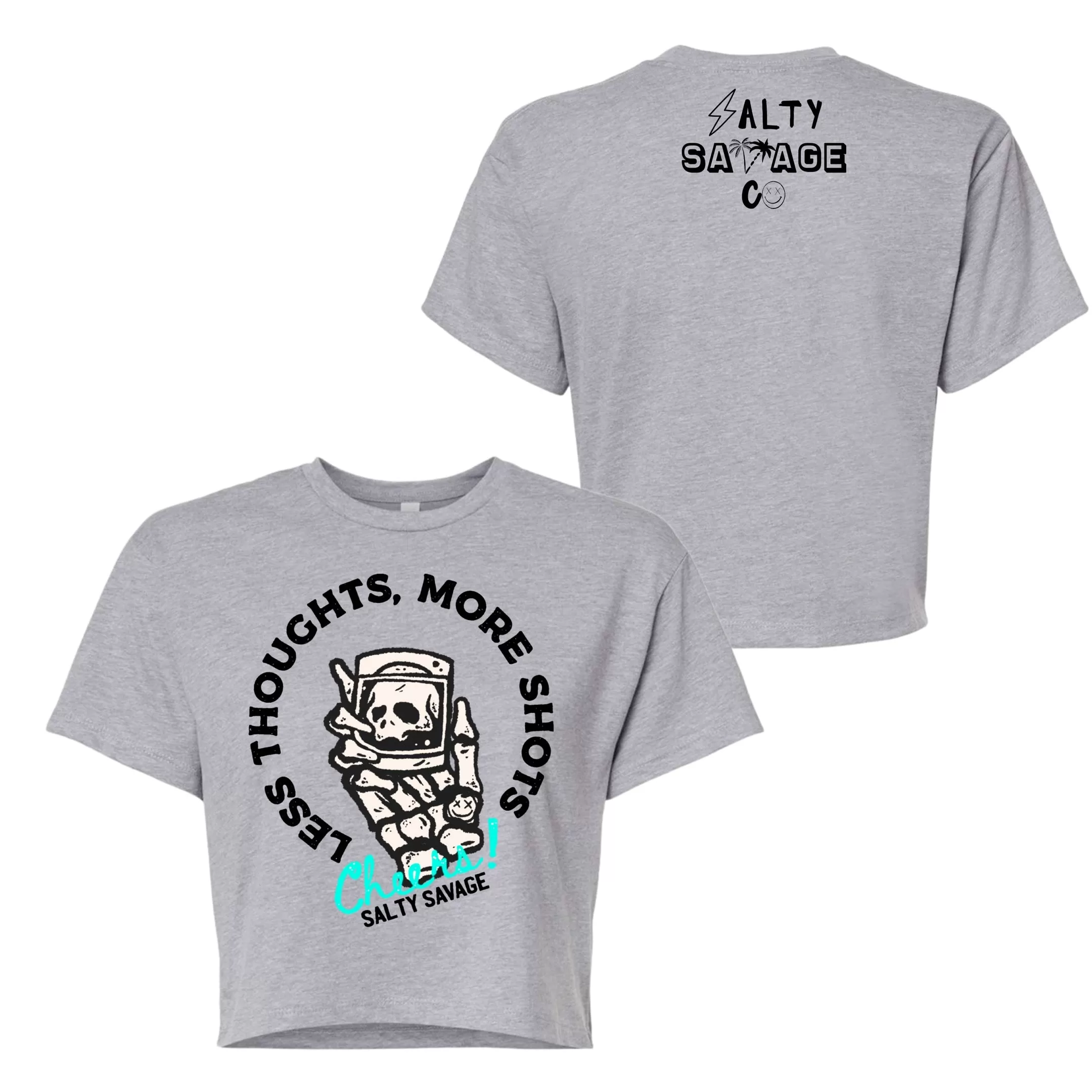 Salty Savage Ladies "LESS THOUGHTS, MORE SHOTS" Performance Crop Tee