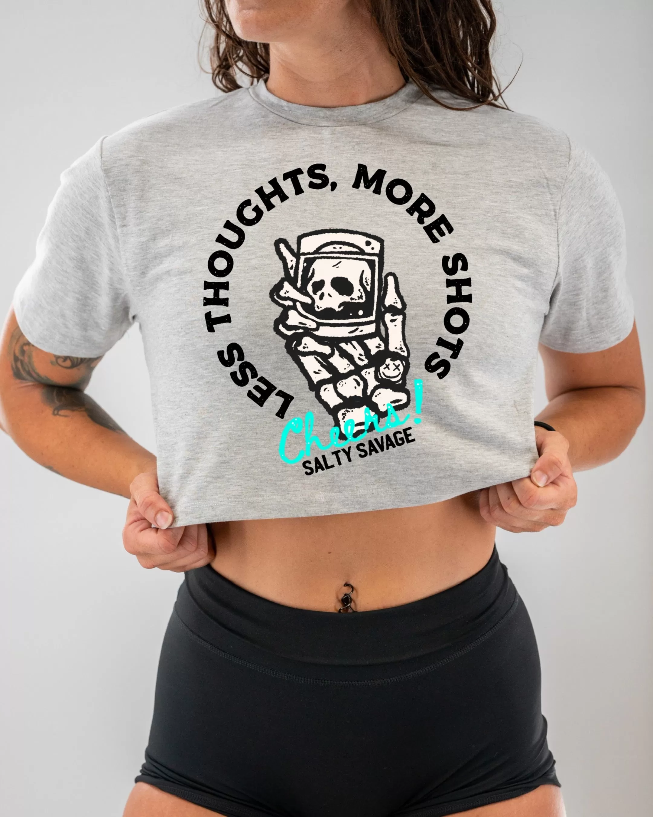 Salty Savage Ladies "LESS THOUGHTS, MORE SHOTS" Performance Crop Tee