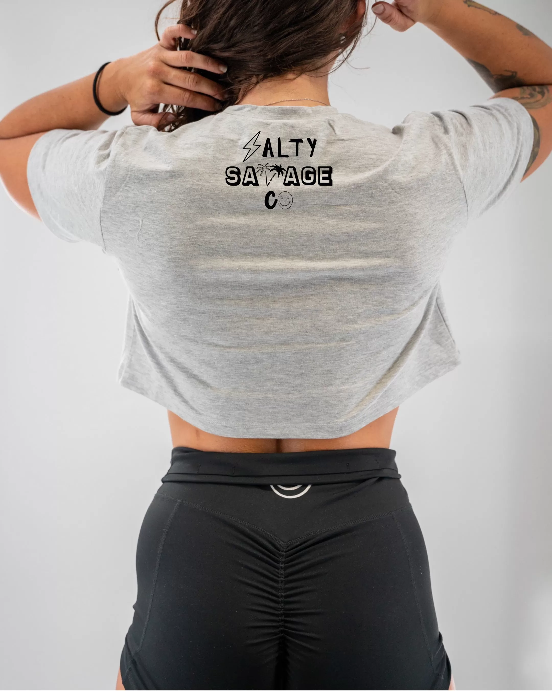 Salty Savage Ladies "LESS THOUGHTS, MORE SHOTS" Performance Crop Tee