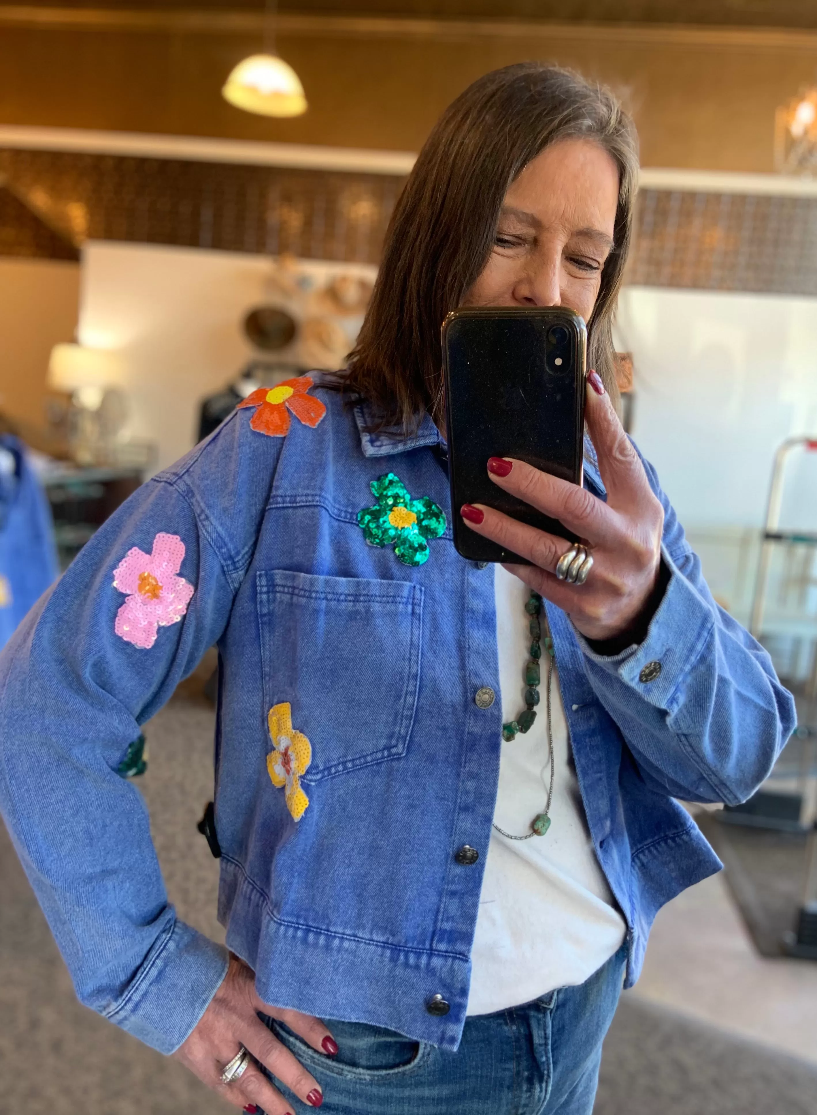 Sequined Flowers Denim Coat - Small to 3X