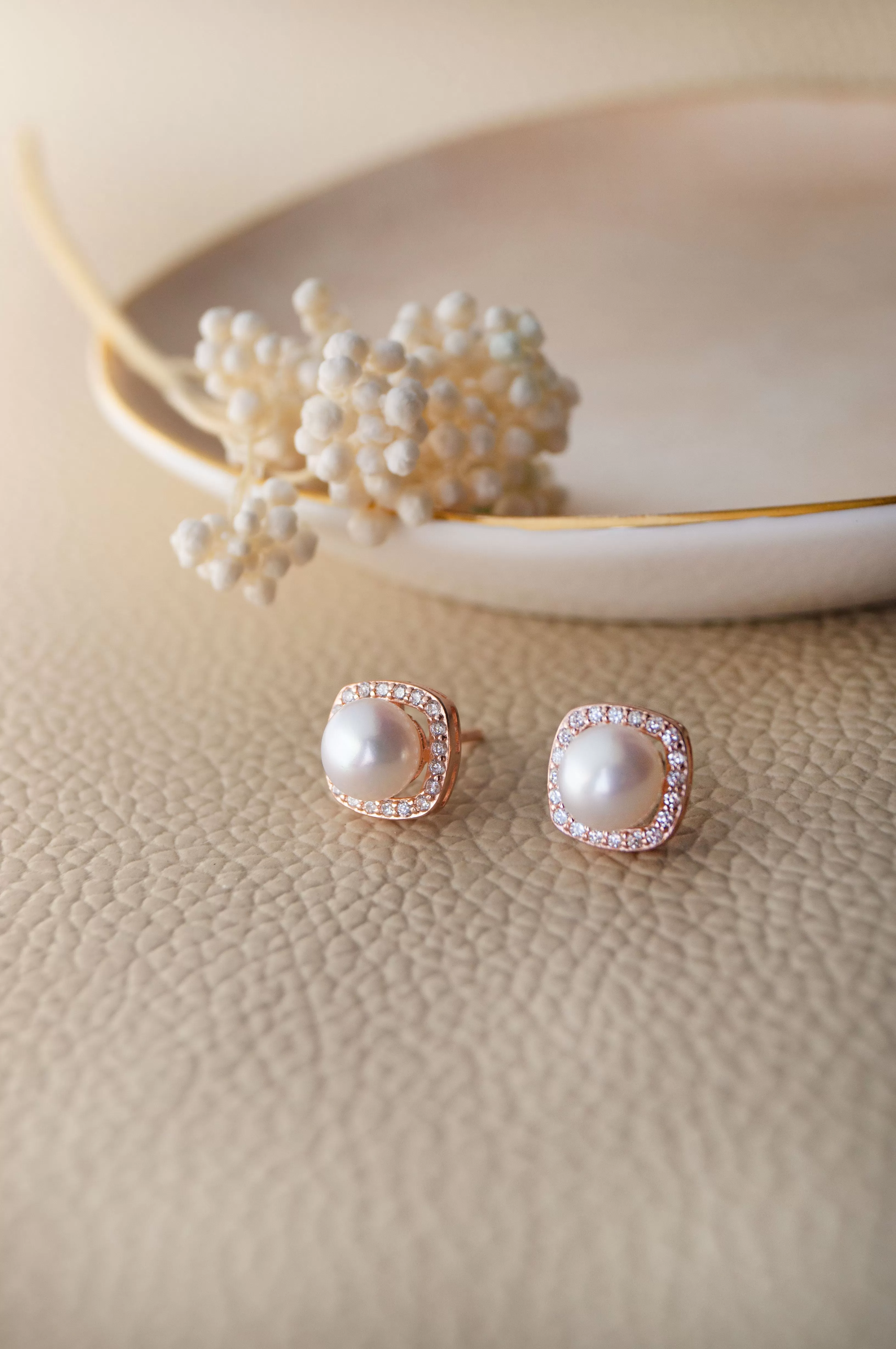 Square Halo Pearl Rose Gold Plated Sterling Silver Stud Earrings